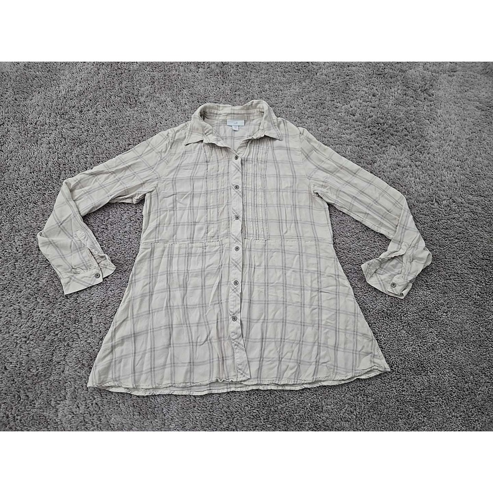 J Jill Button Up Tunic Womens S Plaid Long Sleeve Pintuck Flared Hemline Flannel